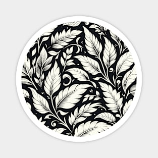 Retro White Leaves Pattern on Black Magnet